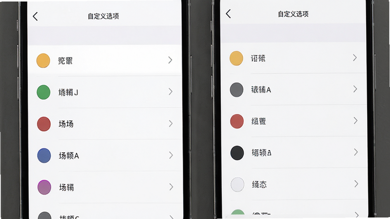 主体为手机设置界面,展示列表形式的选项编辑框,每个条目前有颜色选择器。布局为侧边栏样式,排版整齐,风格为极简白色背景,细节展示编辑状态,画质清晰,干净无干扰,文字显示“自定义选项”