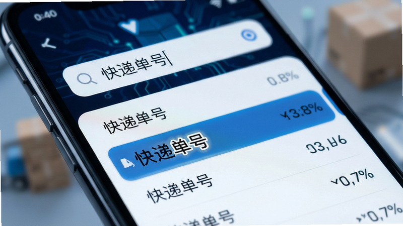 手机界面特写,显示搜索框内输入“快递单号”,下方列表快速展示匹配结果,高亮显示关键词,背景虚化,突出搜索功能的便捷性,风格科技感,清晰锐利,无水印