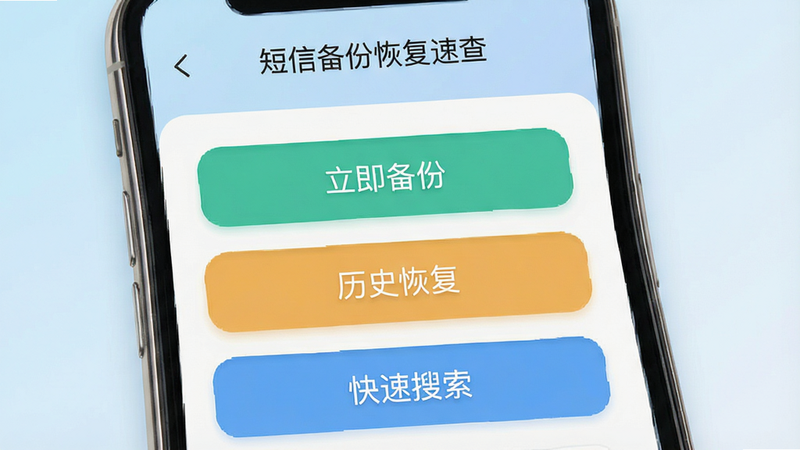一张简洁清新的UI设计图,主体为手机屏幕界面,显示“短信备份恢复速查”应用的主菜单,背景为淡蓝色渐变,布局清晰,包含“立即备份”、“历史恢复”、“快速搜索”三个大按钮,风格现代扁平化,细节精致,高清,无多余元素