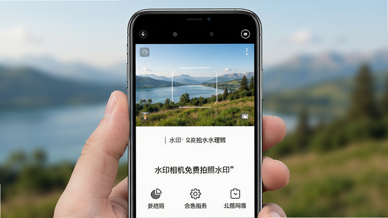 主体为手机屏幕展示水印相机免费拍照水印应用界面,布局清晰,上方为取景框显示户外风景,下方为功能菜单,风格简洁现代,细节丰富,画质高清,干净无多余元素,文字“水印相机免费拍照水印”清晰可见