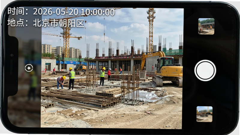 主体为手机拍摄界面,布局居中,取景框内显示工地场景,画面角落叠加白色半透明文字“时间:2026-05-20 10:00:00 地点:北京市朝阳区”,风格写实,细节清晰,画质锐利,干净无杂乱背景