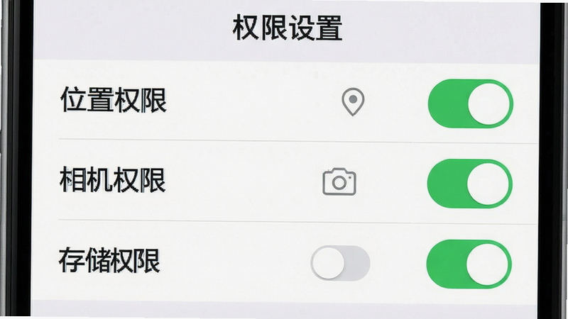 主体为手机设置界面,布局垂直排列,显示“位置权限”、“相机权限”、“存储权限”开关均为开启状态,风格扁平化,细节清晰,画质高清,干净无多余元素,文字“权限设置”清晰可见