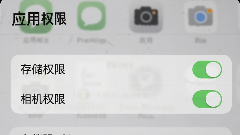 手机设置界面截图,显示“应用权限”页面,重点高亮“存储权限”和“相机权限”选项,背景模糊处理,突出权限开关,界面简洁,高清细节,无杂乱图标