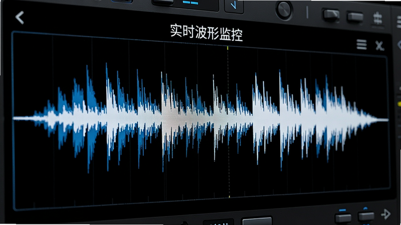 特写x录音机软件中的音频波形界面,布局横向展开,显示蓝白相间的动态声波曲线,背景为纯黑色,文字标注“实时波形监控”,风格科技感强,细节锐利,画质高清,干净,无多余元素