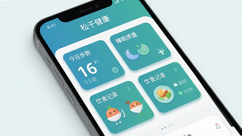 ����Ϊ�ֻ���Ļ��ʾ���ɸɽ�����APP��ҳ���棬���ֲ��ÿ�Ƭʽ���У����������ղ���������˯��������������ʳ��¼��������Ҫģ�飬�Ű����룬������¼�Լ��ɫ��������ɫΪ����ϸ�ڴ���ϸ΢��Ӱ��ǿ����У����ʸ��壬�ɾ����޶���Ԫ��