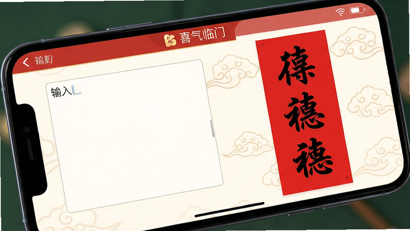 手机屏幕特写,显示“喜气临门”应用内的对联编辑界面,左侧为输入框,右侧实时预览生成的红底黑字对联,背景有淡淡的祥云图案,字体书法风格,布局对称,风格传统典雅,细节锐利,画质极高,干净无杂点