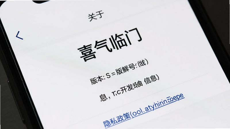 手机屏幕展示“喜气临门”的“关于”页面,显示版本号、开发者信息及隐私政策链接,背景为白色,文字清晰,风格简洁专业,细节完整,画质极高,干净无杂点