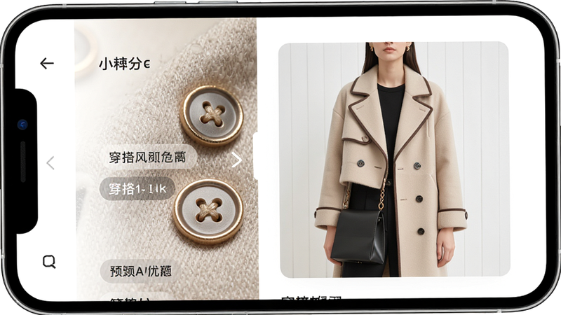主体为小香风安卓APP界面全屏展示,布局为左侧风格分类栏右侧穿搭预览图,排版整洁有序,风格为极简现代时尚风,细节包含高清面料纹理与精致纽扣特写,画质4k高清,干净无多余元素,文字标签清晰可见