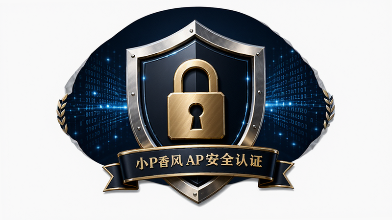 主体为小香风APP安全认证徽章与盾牌图标,布局为居中对称展示,排版庄重严肃,风格为科技感与信任感结合,细节展示锁形图标与加密数据流背景,画质高清,干净背景,无杂乱元素