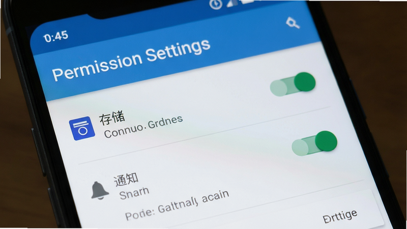主体为手机设置界面截图,布局聚焦于应用权限管理页,排版清晰层级分明,风格为 Material Design 简洁风,细节显示“存储”、“通知”权限开关状态,画质清晰,干净,无多余元素,文字