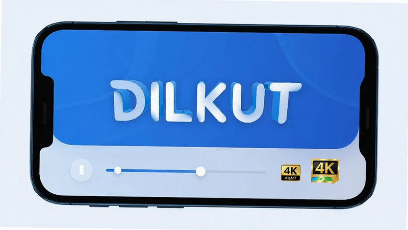 主体为智能手机屏幕特写,布局居中展示 DILKUT 应用主界面,排版简洁现代,风格为科技感蓝色调,细节显示高清视频播放进度条与清晰画质图标,画质 4k,干净,无多余元素,文字