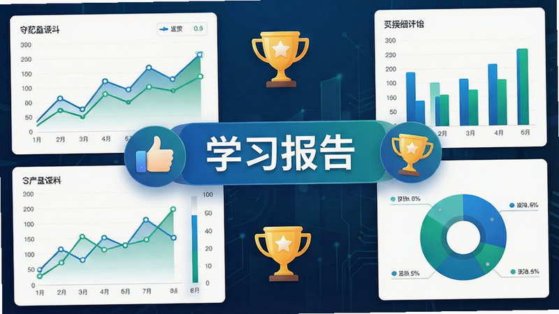 数据可视化图表界面,展示折线图、柱状图和饼图,图表颜色为蓝绿配色,中间有“学习报告”标题,周围环绕着点赞图标和奖杯图标,布局规整,排版清晰,风格现代商务,细节精致,画质高清,干净无干扰
