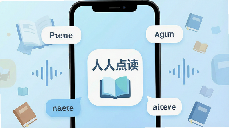 一张扁平化风格的APP界面展示图,主体为手机屏幕,屏幕中央显示“人人点读”Logo及书本图标,背景为柔和的浅蓝色渐变,周围漂浮着英语单词气泡、音波图形和书本元素,布局对称,排版整洁,风格清新简约,细节丰富,画质高清,干净无多余元素