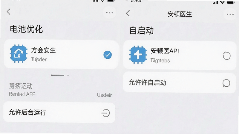 一张手机设置界面的示意图,显示“电池优化”和“自启动”设置页面,安顿医生APP被勾选为“允许后台运行”和“允许自启动”,界面清晰,字体清晰可读,风格简洁,细节准确,画质高,无多余干扰元素