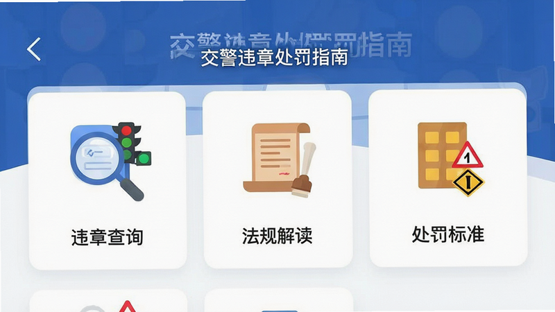 主体为手机应用界面截图,布局清晰展示《交警违章处罚指南》APP首页,包含“违章查询”、“法规解读”、“处罚标准”三大核心模块图标,排版整洁有序,风格为现代扁平化UI设计,细节处体现交通警示元素如红绿灯、交通标志,画质高清8K,干净无多余元素,文字标签“交警违章处罚指南”清晰可见