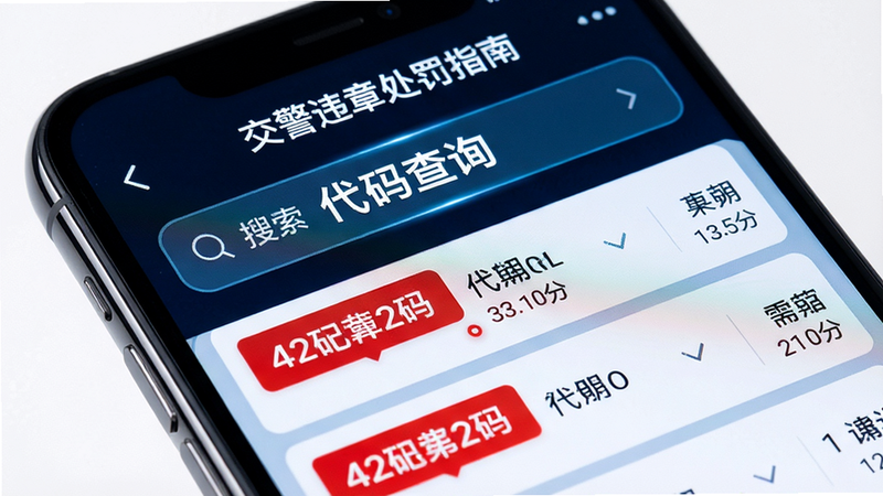 主体为手机屏幕特写,显示《交警违章处罚指南》APP内的违章代码搜索界面,布局为顶部搜索框加下方列表项,排版紧凑,风格科技感强,细节展示红色高亮的违章代码与对应的扣分分值,画质细腻,无背景干扰,文字“代码查询”醒目