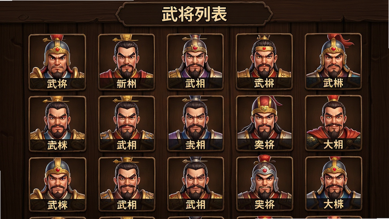 主体为游戏内的武将选择界面,布局为网格状列表,排版整齐,风格为卡通渲染,细节清晰,画质高清,干净无杂乱元素,展示多个三国武将的头像与名字,文字“武将列表”位于顶部,背景为深色木质纹理