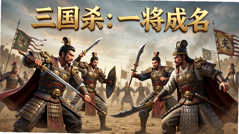 主体为《三国杀:一将成名》手游的高清宣传海报,布局居中,排版简洁大气,风格为3D写实渲染,细节丰富,画质清晰干净,无多余元素,画面中央展示几位经典三国武将持武器对峙,背景为古战场沙场,文字“三国杀:一将成名”以金色立体字显示在顶部