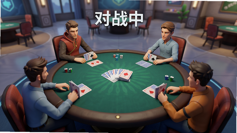 主体为多人对战场景,布局为俯视视角,排版对称,风格为3D游戏画面,细节逼真,画质优秀,干净无多余UI元素,展示六名玩家围坐虚拟桌前,中央为游戏牌堆,文字“对战中”悬浮于上方,背景为虚拟大厅