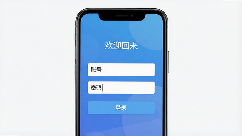 主体为手机登录界面,布局为居中表单,排版简洁,风格为扁平化设计,细节清晰,画质高清,干净无背景干扰,展示“账号”、“密码”输入框与“登录”按钮,文字“欢迎回来”位于顶部,背景为蓝色渐变