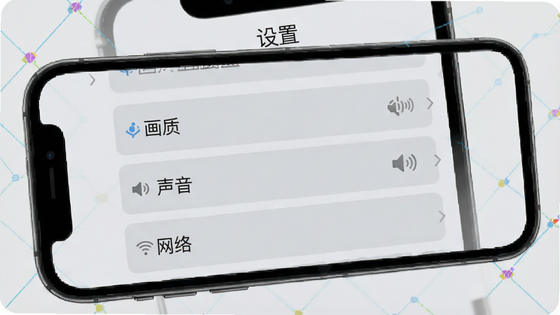 主体为手机屏幕显示的游戏设置界面,布局为列表形式,排版简洁,风格为UI设计图,细节清晰,画质高清,干净无多余图标,展示“画质”、“声音”、“网络”等选项,文字“设置”位于顶部,背景为浅灰色