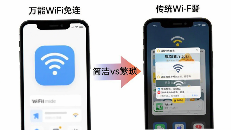 对比示意图,左侧显示“万能WiFi免连”简洁的界面,右侧显示传统Wi-Fi钥匙应用复杂的广告弹窗界面,中间用箭头连接表示“简洁vs繁琐”的对比,风格扁平化,色彩鲜明,突出软件的易用性,无多余装饰,高清