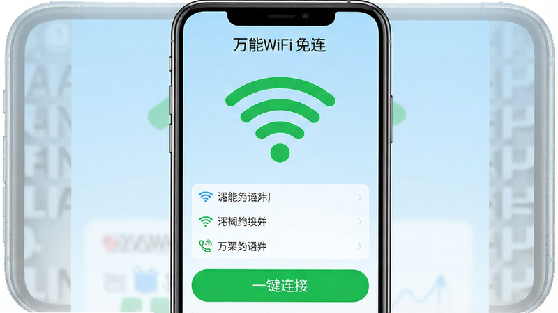 一张高清手机界面截图,主体显示“万能WiFi免连”APP主界面,背景为简洁的浅蓝色渐变,屏幕中央展示一个巨大的绿色Wi-Fi信号图标,下方列出三个已发现的网络名称,界面底部有醒目的“一键连接”按钮,整体风格扁平化,无多余装饰,文字清晰可读,高分辨率,干净,无多余元素