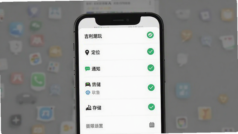 吉利潮玩APP权限设置界面示意图,手机屏幕显示权限列表,包括定位、通知、存储等选项,部分选项已勾选,背景简洁,文字清晰,风格扁平化,画质高清,无多余装饰