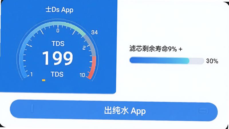 士纯 App 核心功能界面展示图,左侧显示 TDS 数值仪表盘,右侧显示滤芯剩余寿命百分比进度条,底部为醒目的出水控制按钮,整体 UI 设计简洁现代,配色以蓝白为主,清晰展示数据可视化效果,高清渲染,无文字干扰