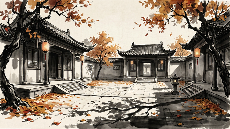 画境寻踪场景探索界面,主体为古代庭院全景,布局广角视野,排版无UI干扰,风格为水墨写实,细节包含落叶、灯笼与阴影变化,画质超清,干净无杂色