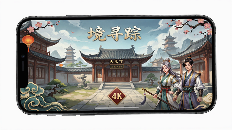 画境寻踪安卓版主界面预览图,主体为手机屏幕显示游戏大厅,布局居中,排版简洁大方,风格为新中式国风,细节包含古风建筑背景与角色立绘,画质4k高清,干净无多余元素