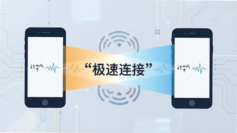 主体为数据流连接示意图,布局中心为两个手机图标通过光束相连,排版对称平衡,风格扁平化极简,细节展示信号波动与速度标识,画质超清,干净,文字“极速连接”加引号置于光束中央