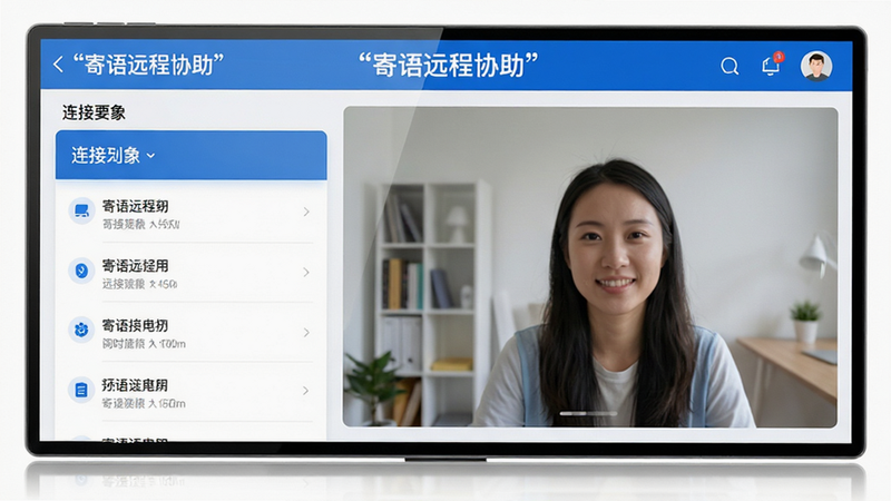 主体为“寄语远程协助”APP的UI界面全景展示,布局清晰分为左侧连接列表与右侧实时预览窗口,排版简洁现代,风格采用科技蓝与纯白配色,细节呈现高清屏幕镜像效果,画质8K,干净无多余元素,文字“寄语远程协助”加引号显示在顶部导航栏