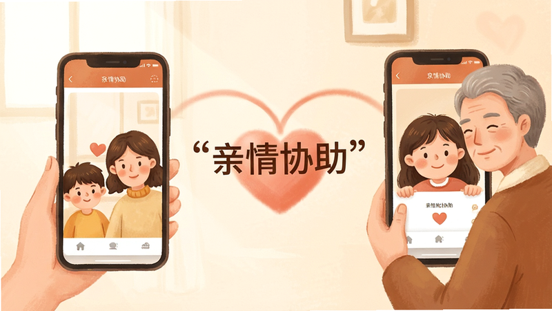 主体为父子/父女远程协助温馨场景,布局左侧子女手机,右侧父母手机,中间爱心连接,排版温馨和谐,风格暖色调插画,细节展示屏幕共享界面,画质柔和,干净,文字“亲情协助”加引号位于画面中心