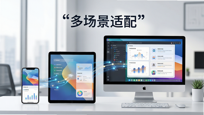 主体为多设备协同工作场景,布局包含手机、平板和电脑屏幕,排版错落有致,风格现代办公风,细节展示不同设备间的数据流动,画质高清,干净,文字“多场景适配”加引号悬浮于设备上方