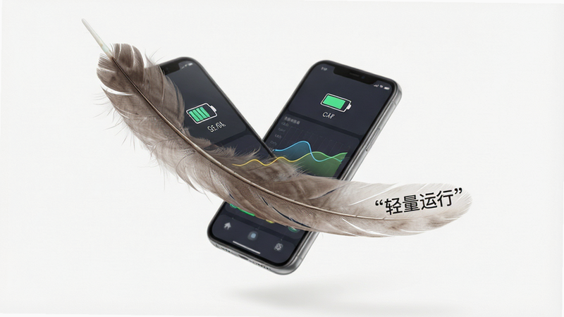 主体为羽毛与手机平衡的创意图,布局轻盈悬浮,排版留白充足,风格清新简约,细节展示电量图标与流畅度曲线,画质柔和,干净,文字“轻量运行”加引号置于羽毛尖端