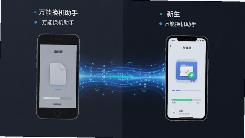 主体为一款名为“万能换机助手”的手机应用界面,布局采用左右分屏设计,左侧显示旧手机图标,右侧显示新手机图标,中间通过蓝色光效数据流连接。排版简洁现代,风格为扁平化科技感,细节包含传输进度条和文件类型图标,画质高清,干净,无多余元素