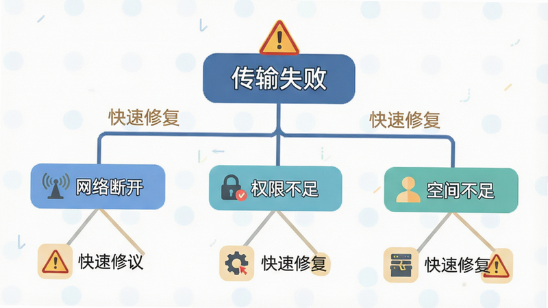 主体为故障排查流程图,布局为树状图,根节点为“传输失败”,分支包括“网络断开”、“权限不足”、“空间不足”,每个分支配有解决建议图标。风格为扁平化教程风,细节包含警示标志,文字标注“快速修复”,画质清晰,干净,无多余元素