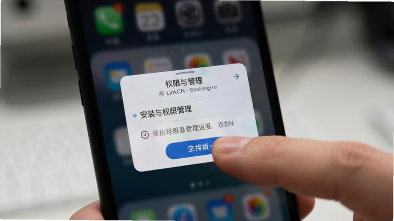 LinkCN移动端操作界面,手指点击屏幕特写,显示权限设置弹窗,背景虚化,突出安装与权限管理的重要性,清晰度高,细节丰富,真实感强,无多余装饰