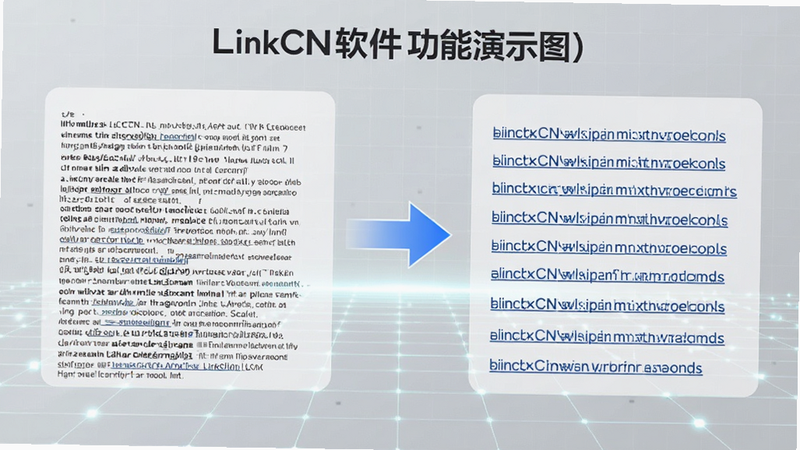 LinkCN软件功能演示图,左侧显示一段杂乱文本,右侧显示提取出的整齐链接列表,中间有箭头指示流程,背景为浅灰色科技感网格,突出智能识别功能,文字清晰,无水印,现代简约风格