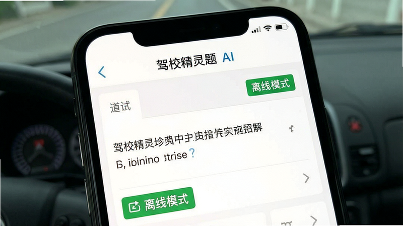 手机应用界面截图,展示“驾校精灵AI”的离线刷题界面,主体为一道判断题,布局紧凑,排版清晰,风格极简白色背景,细节显示“离线模式”绿色标签,画质锐利,干净无干扰元素