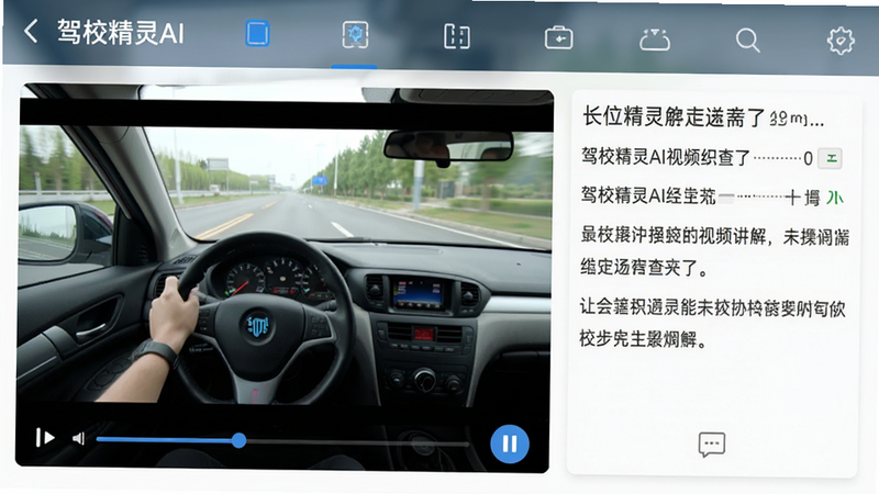 手机应用界面截图,展示“驾校精灵AI”的视频讲解功能,主体为正在播放的驾驶视角视频窗口,布局左侧视频右侧文字解析,排版合理,风格写实,细节显示播放进度条和暂停按钮,画质清晰,干净无水印