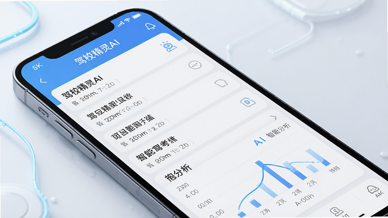 一张展示“驾校精灵AI”手机应用界面的高清预览图,主体为手机屏幕,显示着清晰的驾考题目列表和AI智能分析图表,布局整洁,排版现代简约,风格清新科技蓝,细节处有柔和的光影效果,画质4K,干净无多余元素