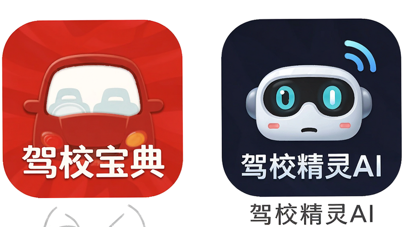 对比图,左侧为“驾校宝典”图标,右侧为“驾校精灵AI”图标,主体为两个APP图标并排,布局对称,排版简洁,风格扁平化,细节显示各自的品牌Logo,画质高清,干净无背景