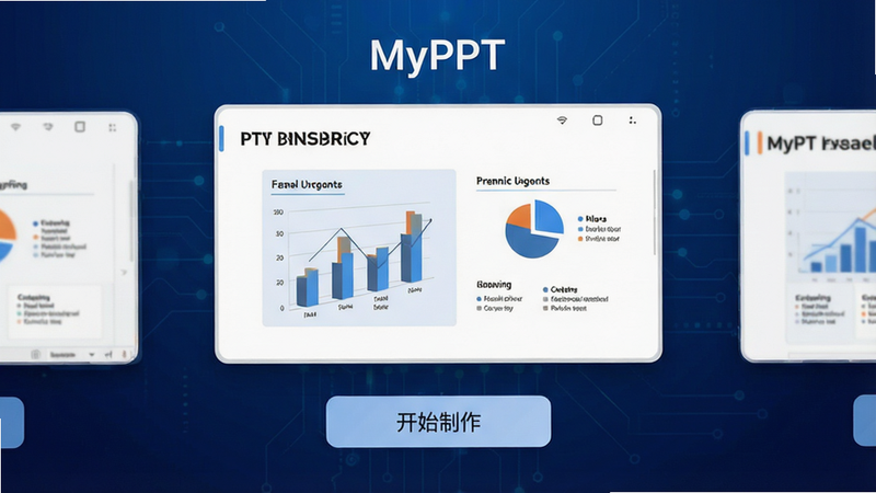主体为MyPPT安卓应用界面展示,布局采用居中卡片式设计,背景为深蓝色科技渐变,界面中央显示一个正在生成的PPT页面预览,包含标题和图表元素,下方有清晰的“开始制作”按钮,风格现代简约,细节丰富,画质高清,干净无多余元素,文字“MyPPT”清晰可见