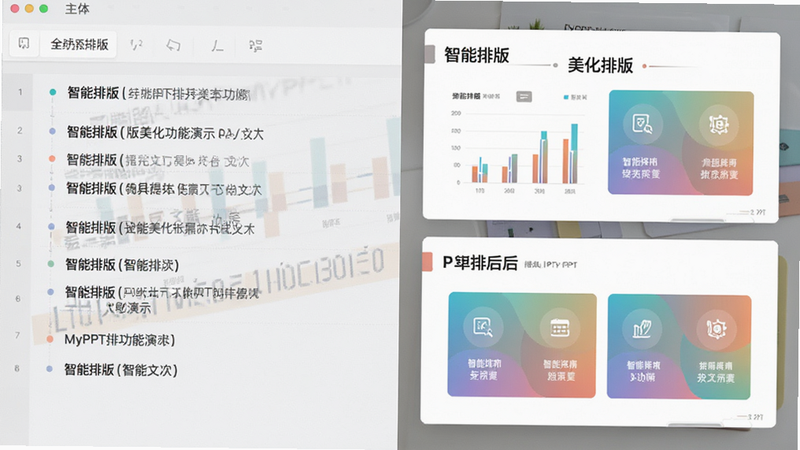 主体为MyPPT排版美化功能演示,布局左右分栏,左侧显示原始文本列表,右侧显示美化后的精美PPT页面,包含图表、图标和渐变色块,风格商务简约,细节展示字体对齐与色彩搭配,画质清晰,干净无多余元素,文字“智能排版”醒目