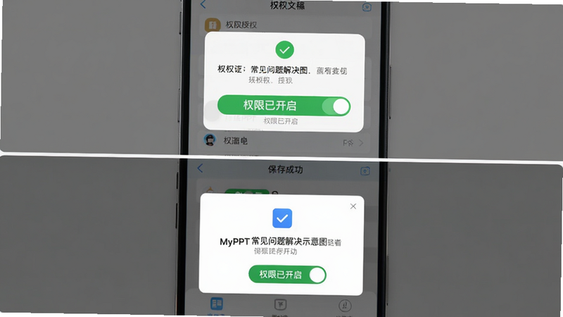 主体为MyPPT常见问题解决示意图,布局为上下结构,上方显示手机设置界面授权弹窗,下方显示文件保存成功的提示框,风格简洁明了,细节展示权限开关状态,画质清晰,干净无多余元素,文字“权限已开启”