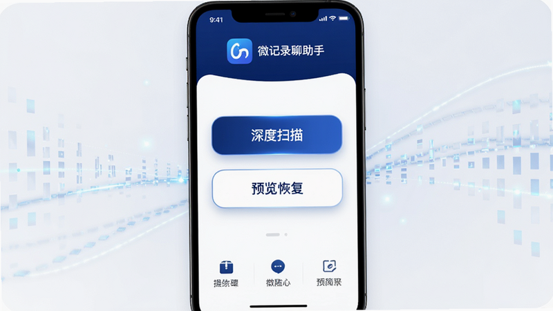 主体为微记录聊天恢复助手APP界面展示,布局采用中心对称设计,顶部显示软件Logo与名称,中部突出显示“深度扫描”与“预览恢复”两个核心功能按钮,底部为简洁的操作步骤指引。风格为现代极简科技风,色彩以深蓝色和白色为主,细节处带有数据流动的光效,画质高清,干净无多余元素。