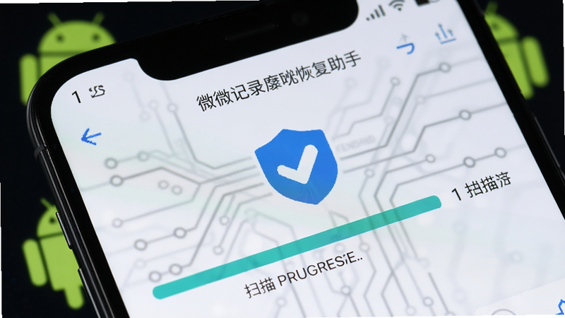 主体为手机屏幕特写,显示微记录聊天恢复助手正在执行扫描进度条,背景虚化显示Android系统图标。布局紧凑,重点突出扫描过程的安全标识。风格为写实科技风,细节清晰,画质锐利,无多余干扰元素。