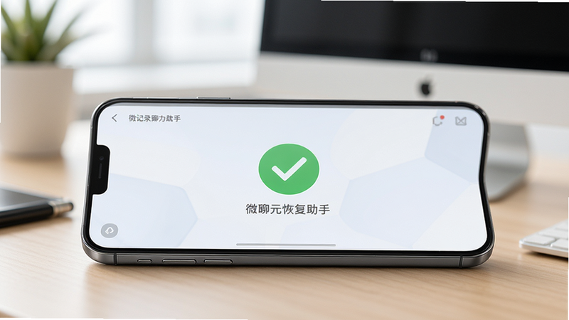 主体为手机侧视图,显示微记录聊天恢复助手正在运行,背景为模糊的办公桌面。布局简洁,重点突出手机屏幕上的成功提示图标。风格为清新商务风,细节柔和,画质明亮,无杂乱背景。